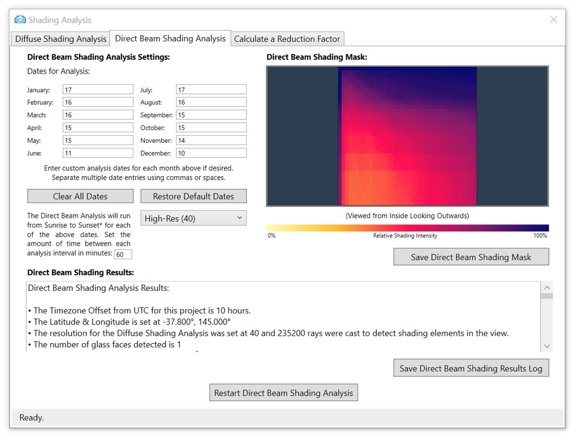 Direct Beam Shading Analysis Dialog Direct Beam Shading Analysis Dialog