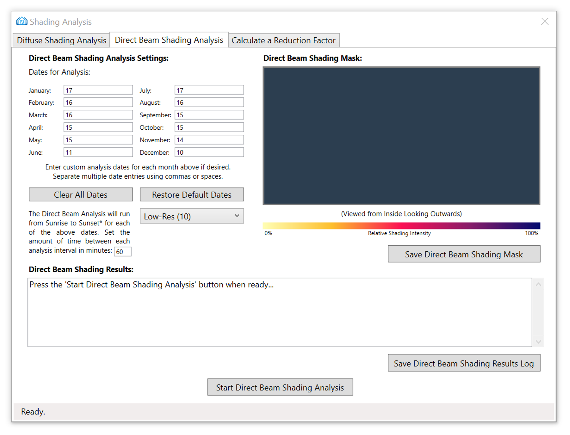 Direct Beam Shading Analysis Dialog Direct Beam Shading Analysis Dialog