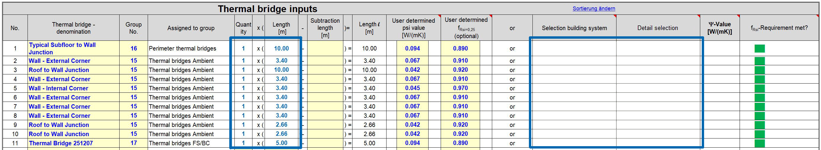 Thermal Bridge Inputs PHPP